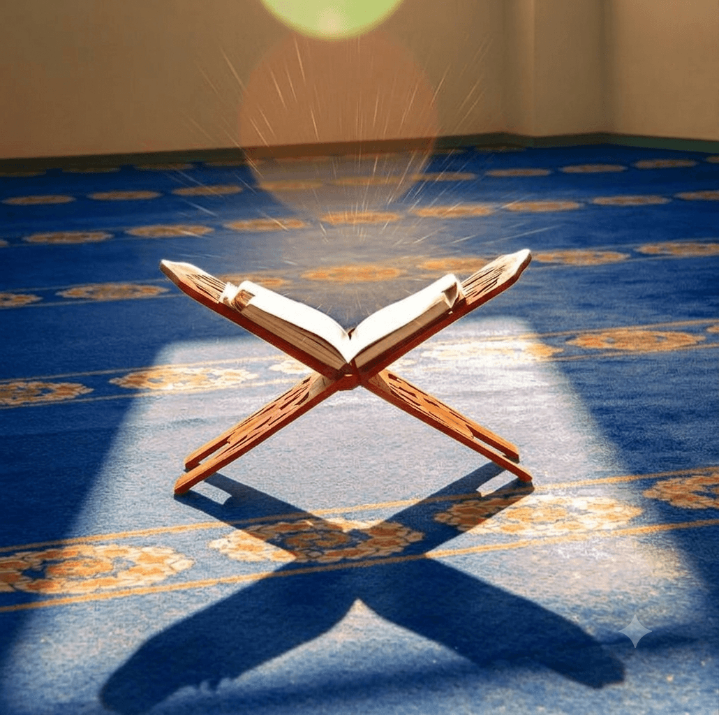 An open Quran resting on a wooden rehal stand